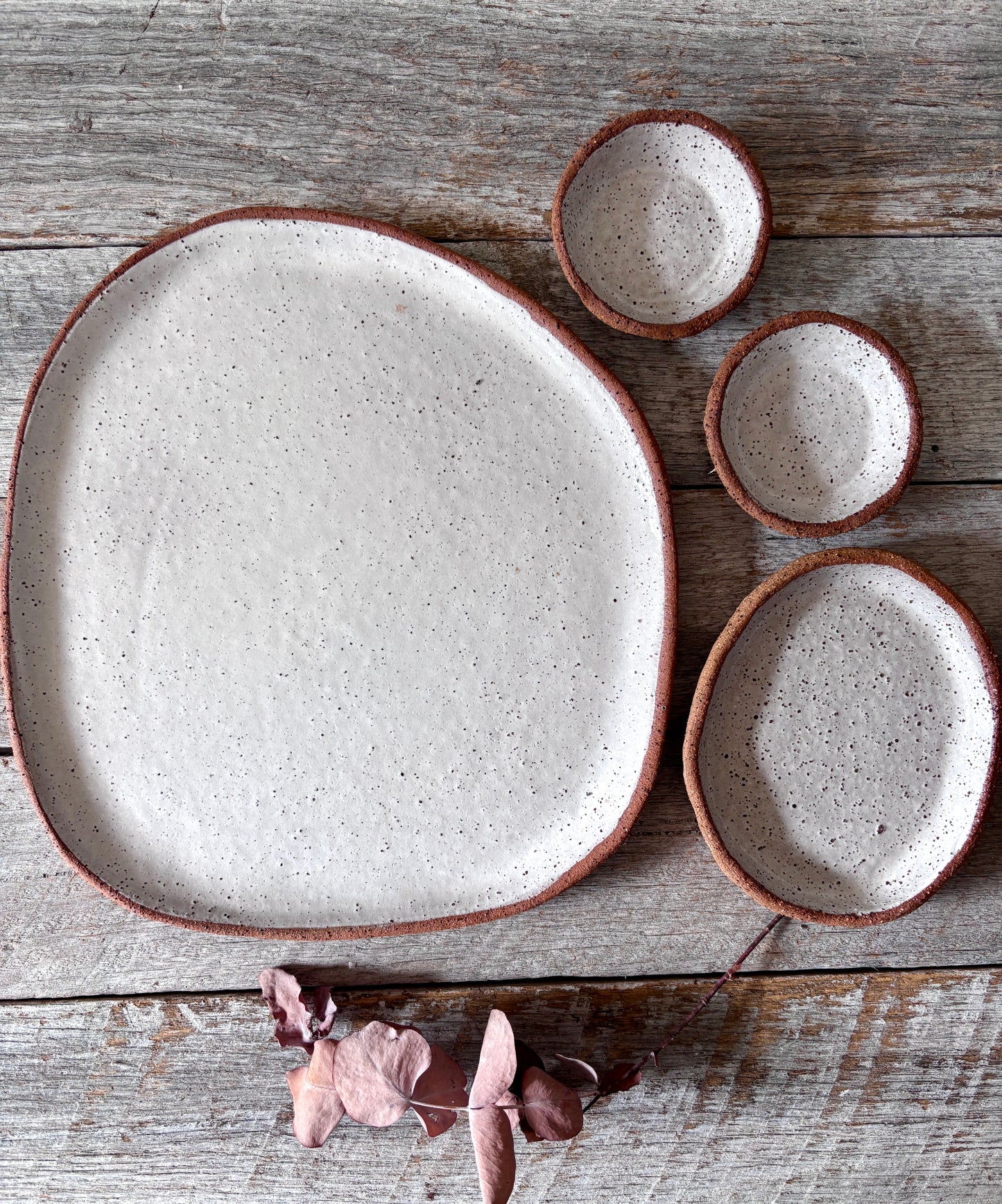 Asymmetric Handmade Ceramic Serving Platter with 3 dishes | Rustic | White with speckles (26-08)