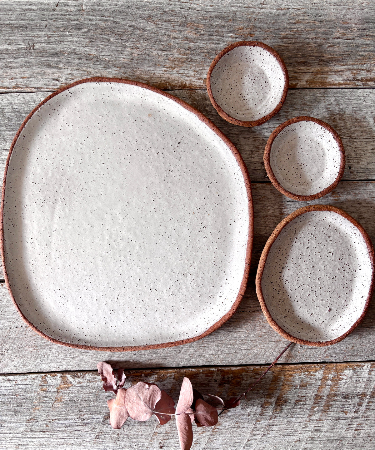 Asymmetric Handmade Ceramic Serving Platter with 3 dishes | Rustic | White with speckles (26-08)