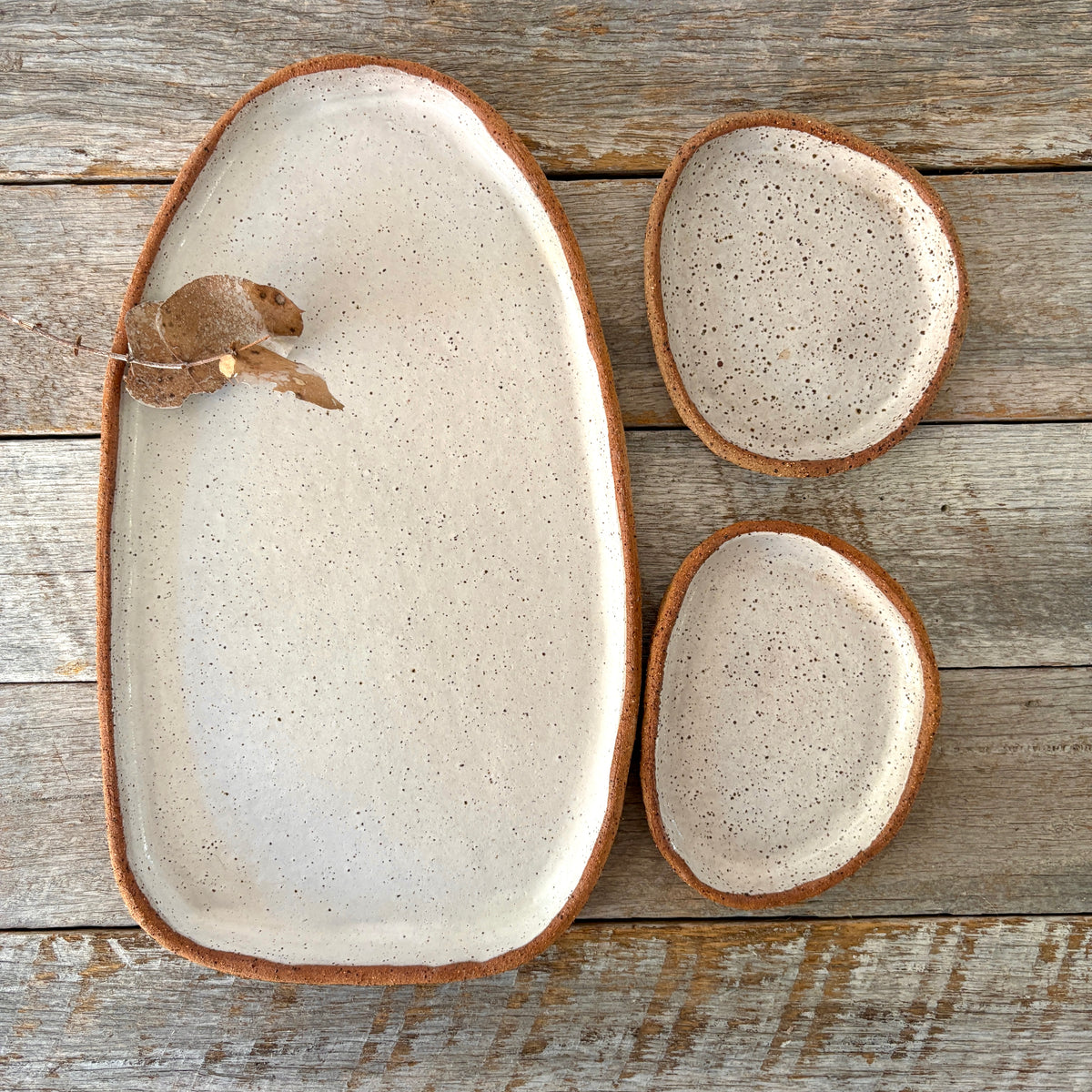Handmade Large Serving Platter with two dishes | Rustic Clay | White with speckles | Only 1 available