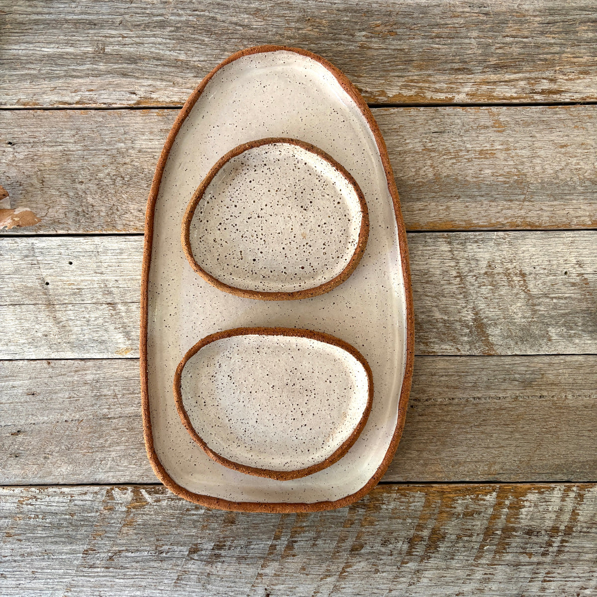 Handmade Large Serving Platter with two dishes | Rustic Clay | White with speckles | Only 1 available