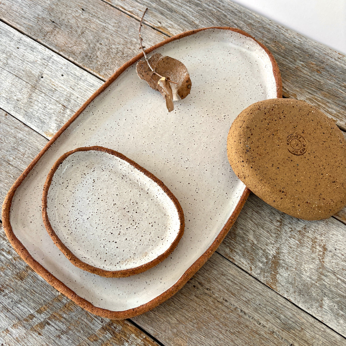 Handmade Large Serving Platter with two dishes | Rustic Clay | White with speckles | Only 1 available