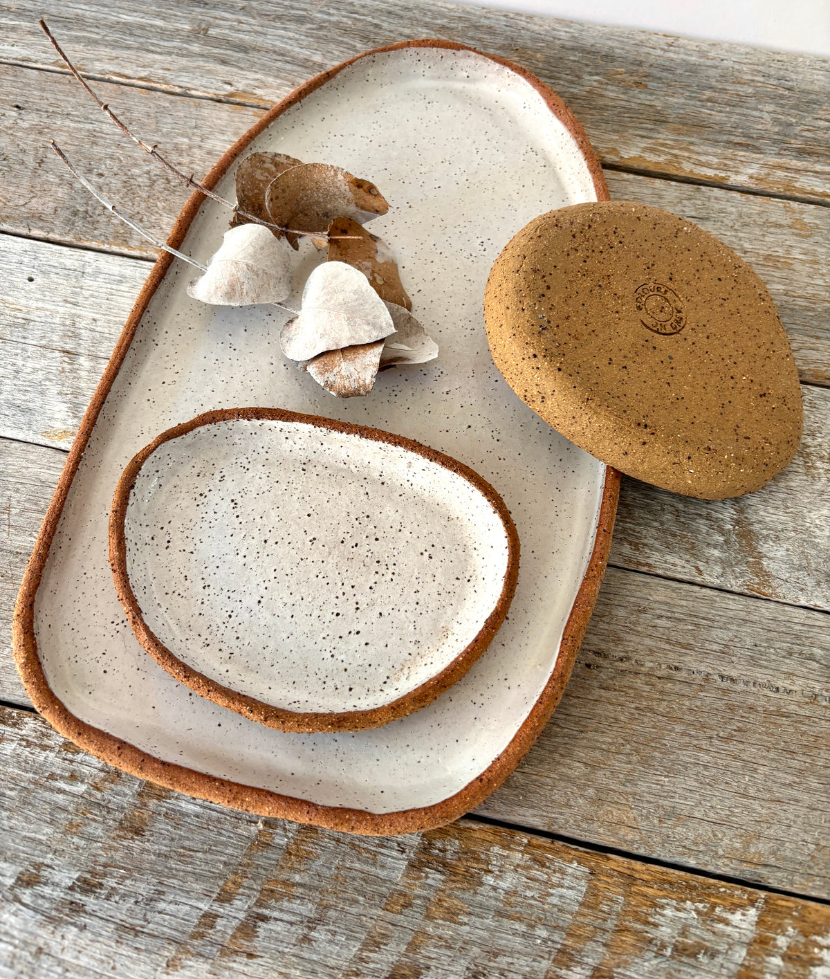 Handmade Large Serving Platter with two dishes | Rustic Clay | White with speckles | Only 1 available