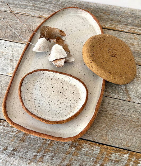 Handmade Large Serving Platter with two dishes | Rustic Clay | White with speckles | Only 1 available