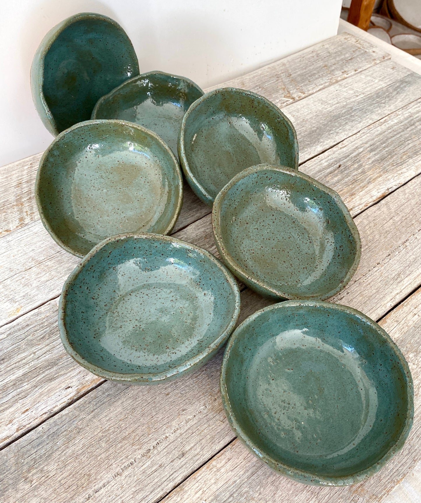 Bowl in teal green - hand made with uneven rim - Rustic clay with speckles - 15-4