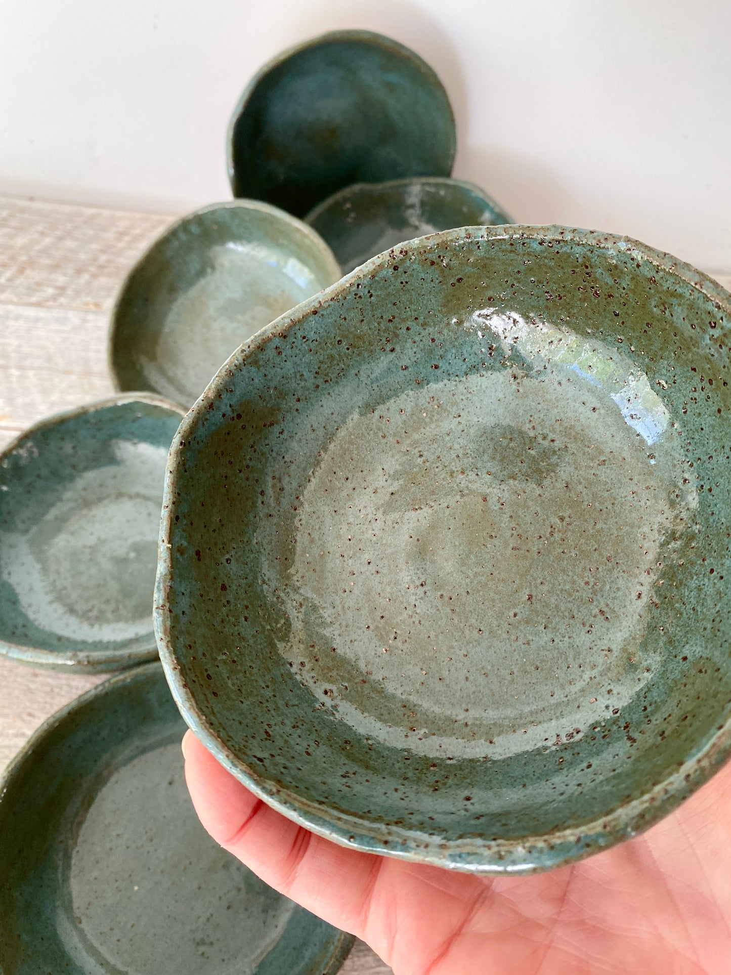 Bowl in teal green - hand made with uneven rim - Rustic clay with speckles - 15-4