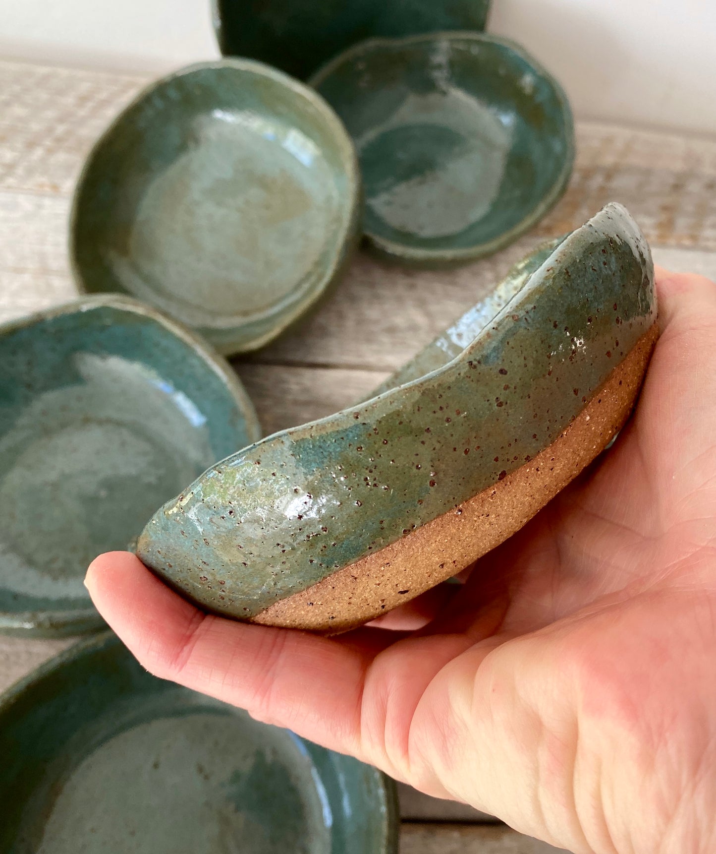 Bowl in teal green - hand made with uneven rim - Rustic clay with speckles - 15-4