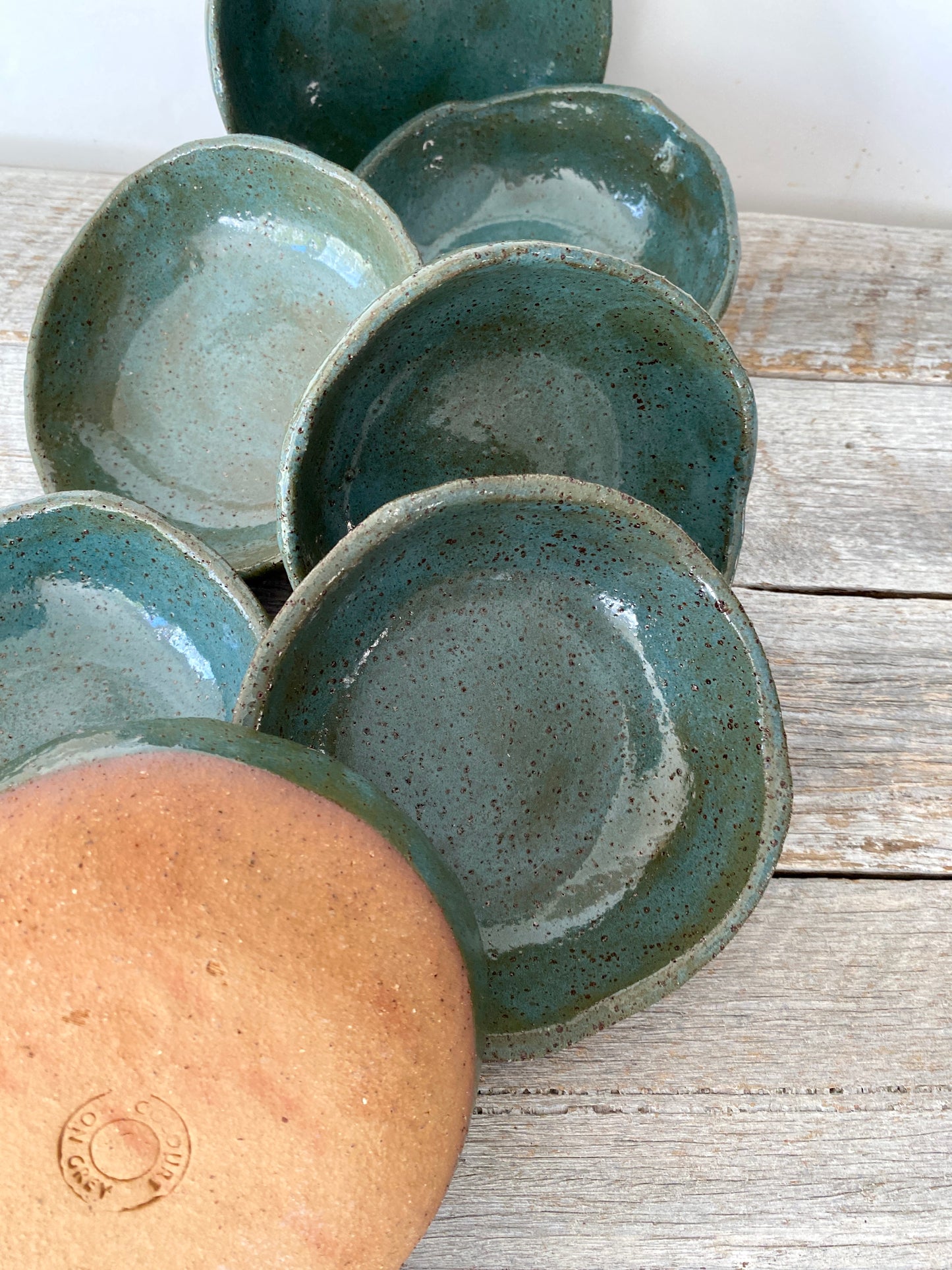 Bowl in teal green - hand made with uneven rim - Rustic clay with speckles - 15-4