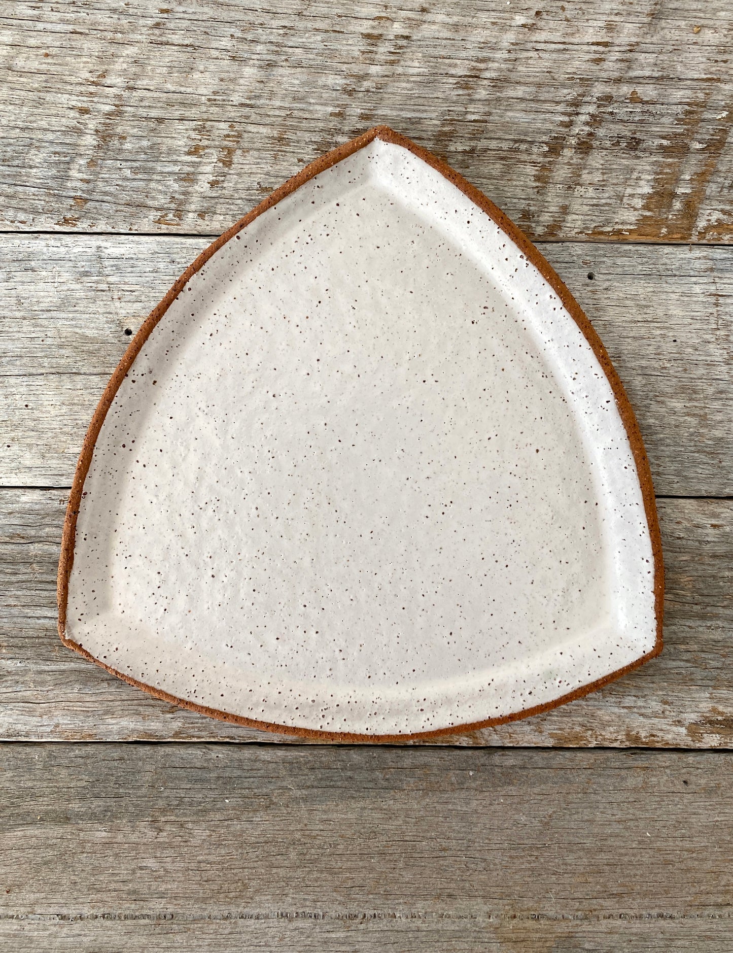 SALE - Triangular Plate (Large) - Rustic & Handmade- White glaze with speckles 2508-04