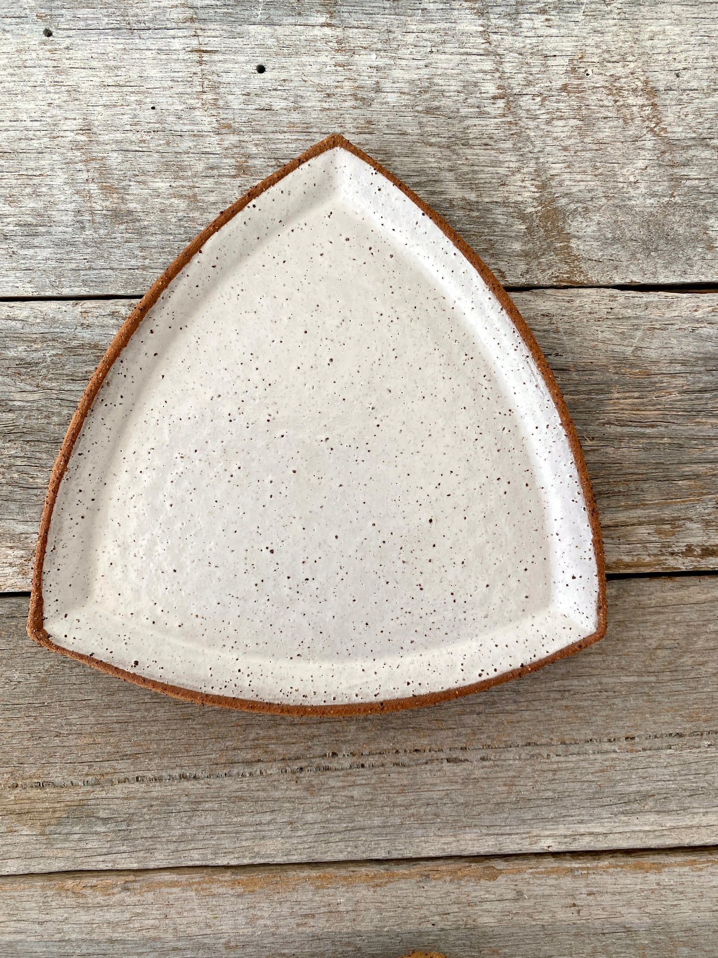 SALE - Triangular Plate (Medium) - Rustic & Handmade- White glaze with speckles 2508-03
