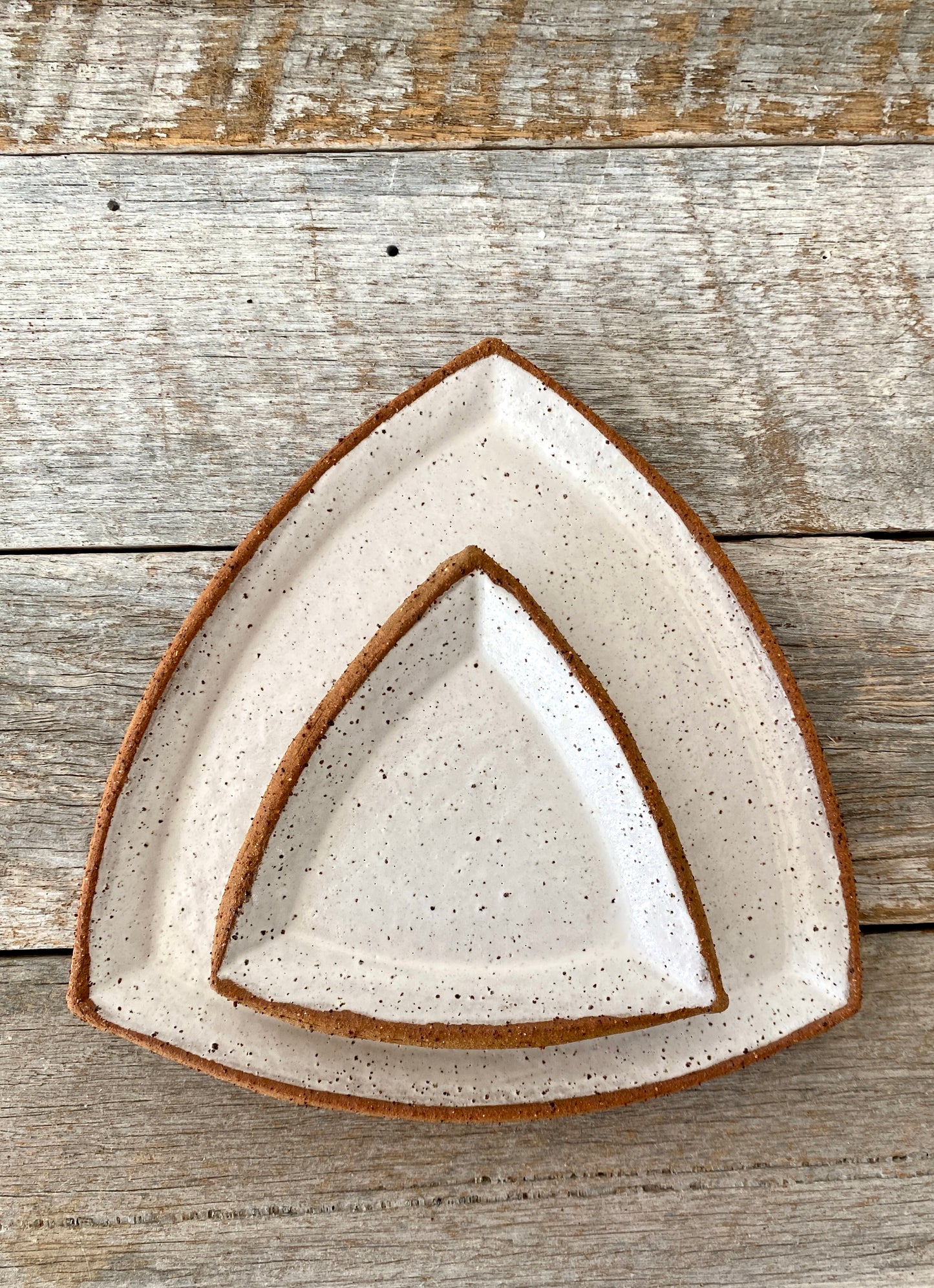 SALE - Triangular Plate (Medium) - Rustic & Handmade- White glaze with speckles 2508-03