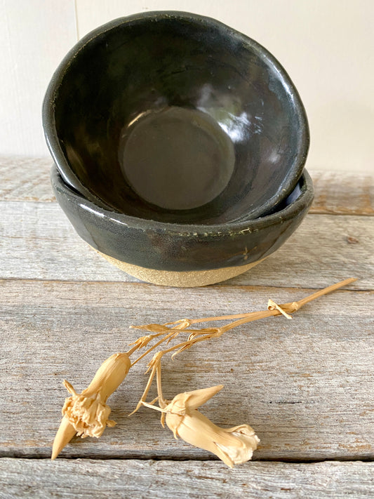 Two handmade breakfast bowls - Black/Blue glaze on soft creamy white clay  (11-050-S) ONLY ONE SET AVAILABLE