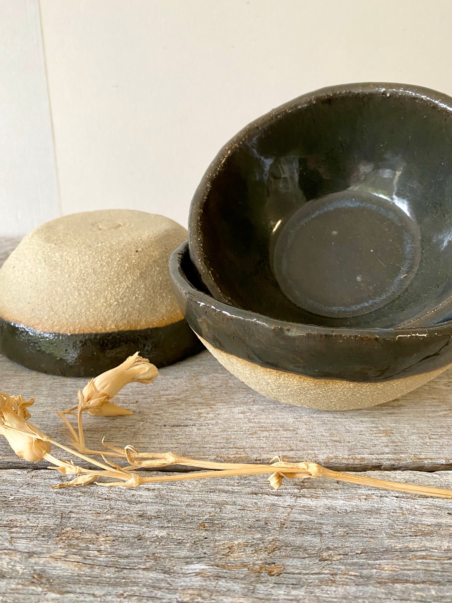 Set of 3 handmade bowls - Shiny Black glaze on soft creamy white clay (11-052-S) ONLY ONE SET AVAILABLE