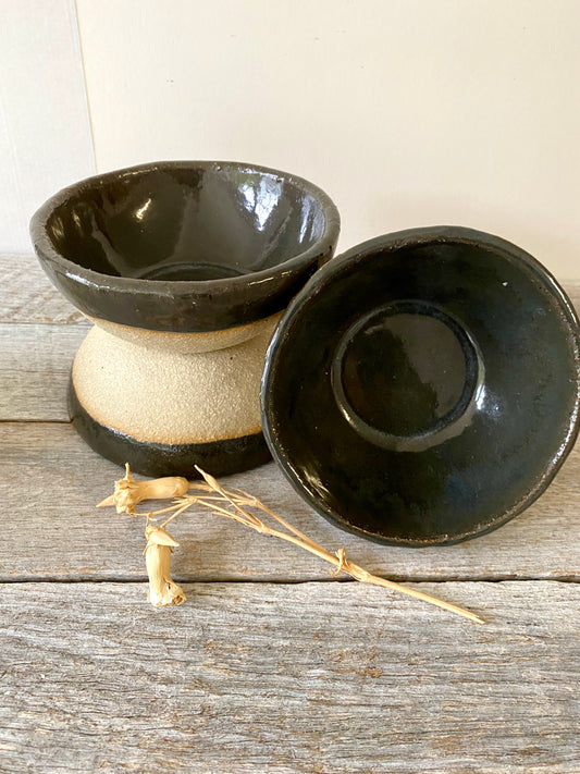 Set of 3 handmade bowls - Shiny Black glaze on soft creamy white clay (11-052-S) ONLY ONE SET AVAILABLE