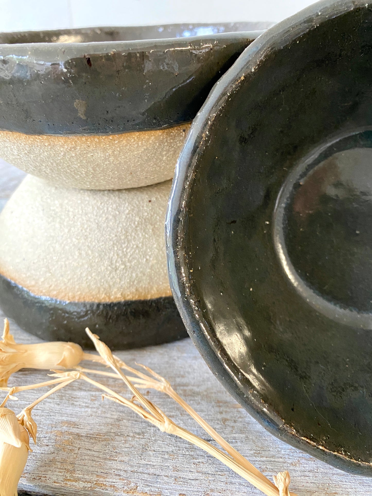 Set of 3 handmade bowls - Shiny Black glaze on soft creamy white clay (11-052-S) ONLY ONE SET AVAILABLE