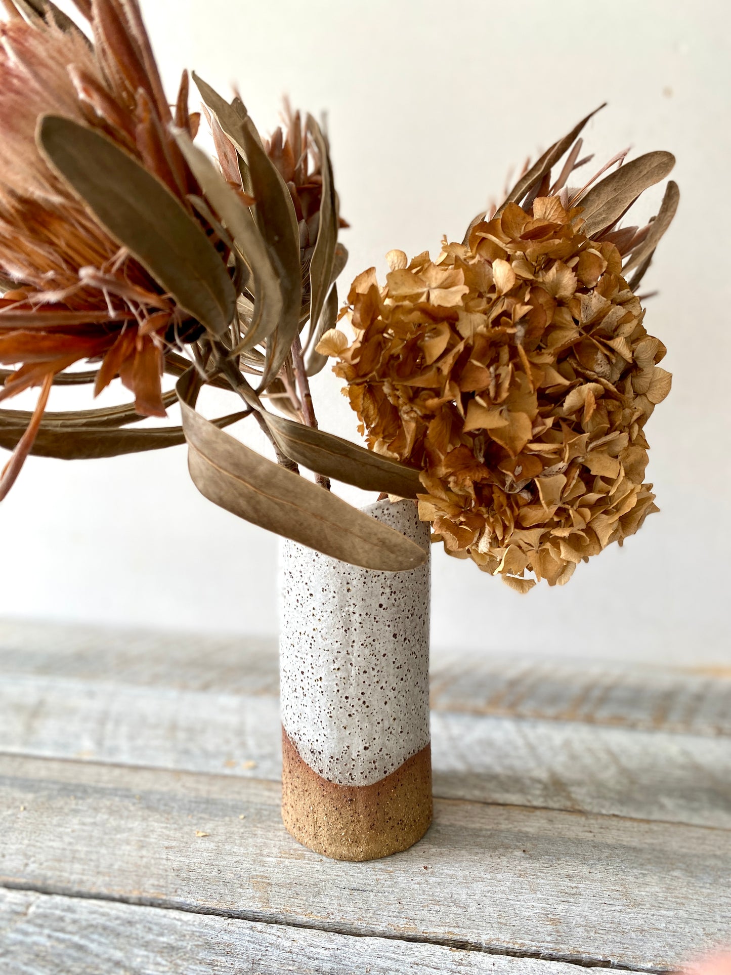 Hand Formed Cylinder Shaped Rustic Vase with uneven edge - White with Speckles 10-44