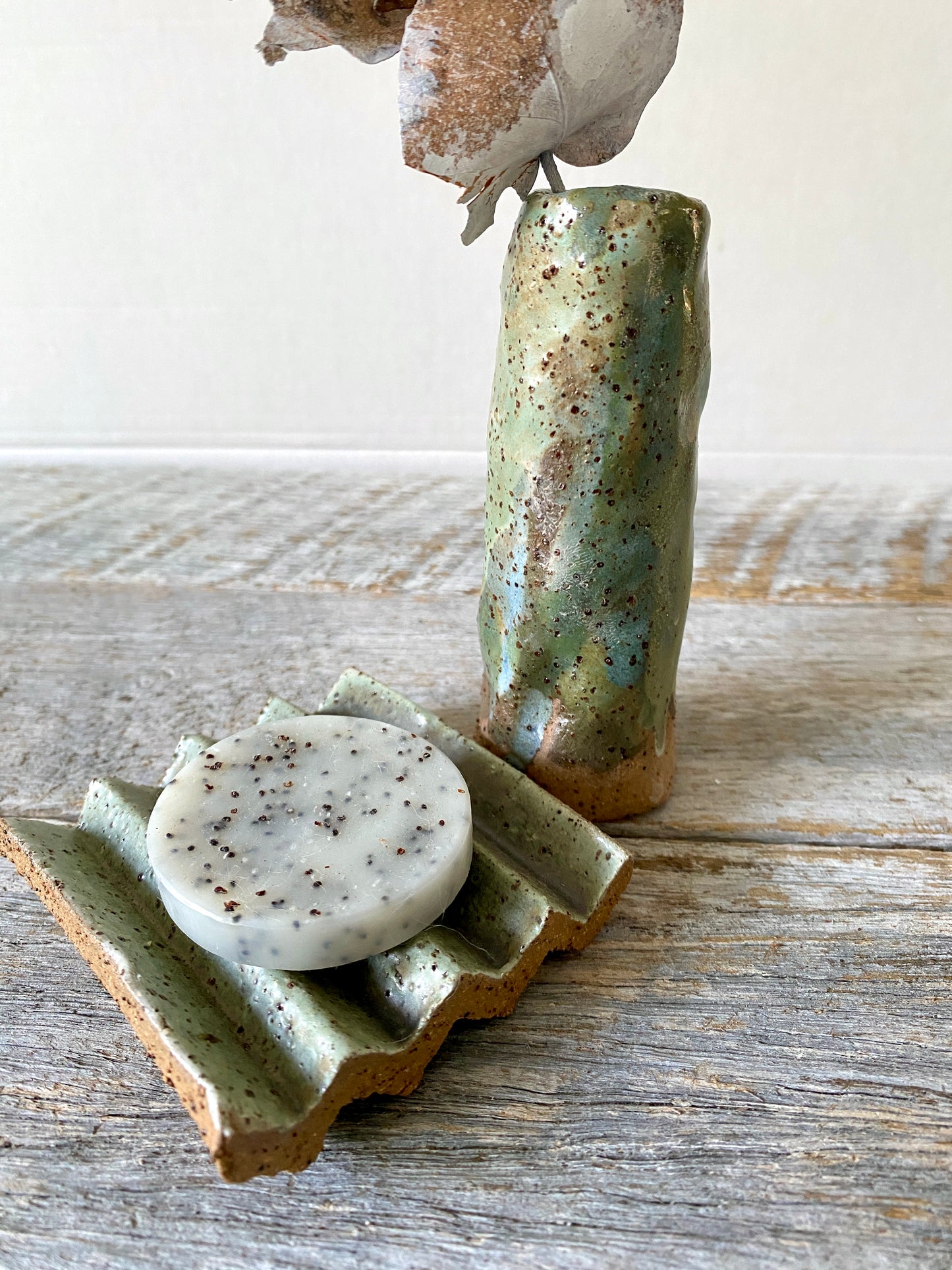 Bud vase and soap dish in soft green and blue colours 9-25