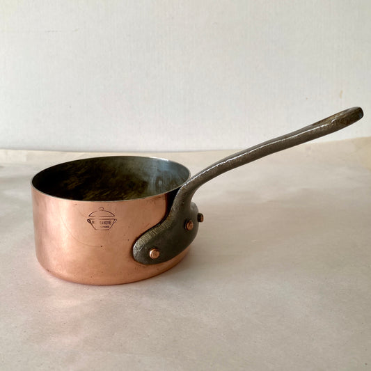 Beautiful Vintage French Copper Saucepan 12cm with tin lining and cast iron handle.