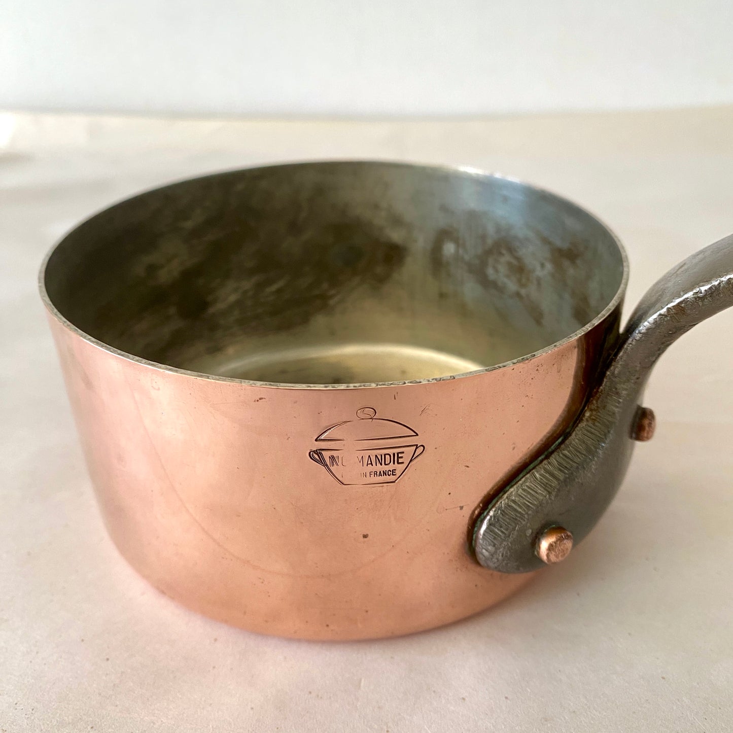 Beautiful Vintage French Copper Saucepan 12cm with tin lining and cast iron handle.