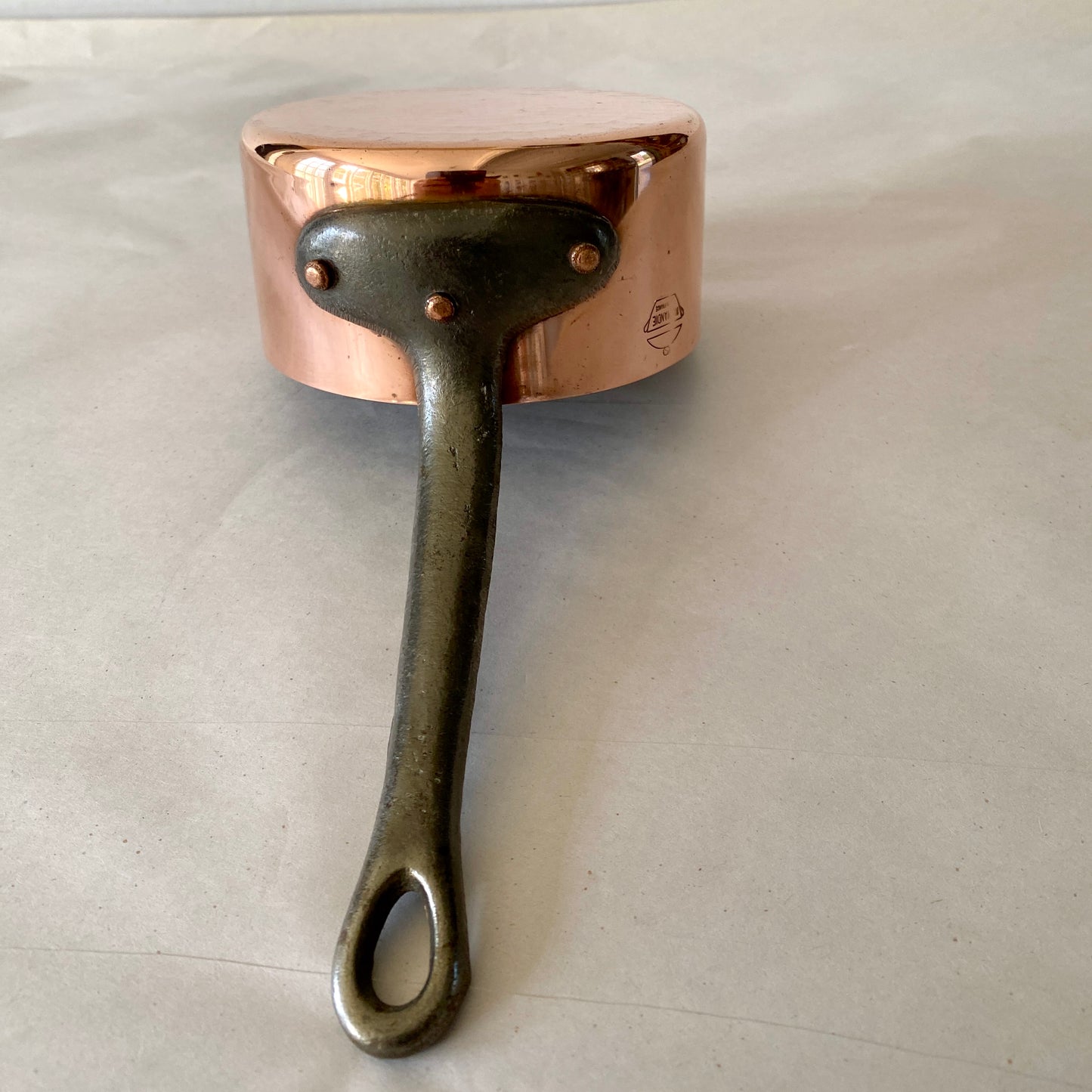 Beautiful Vintage French Copper Saucepan 12cm with tin lining and cast iron handle.