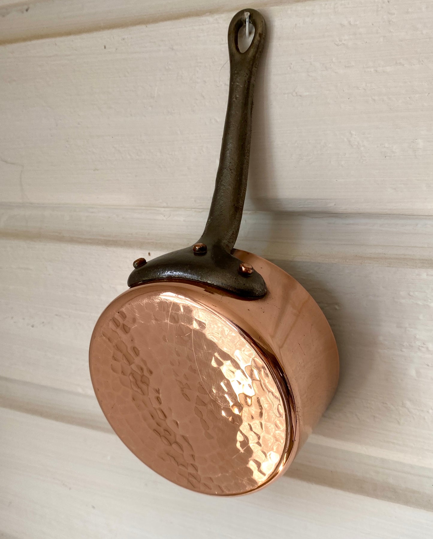 Beautiful Vintage French Copper Saucepan 12cm with tin lining and cast iron handle.