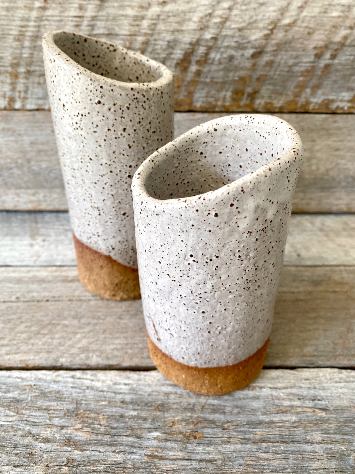 Hand Formed Cylinder Shaped Rustic Vase with uneven edge - White with Speckles 10-44