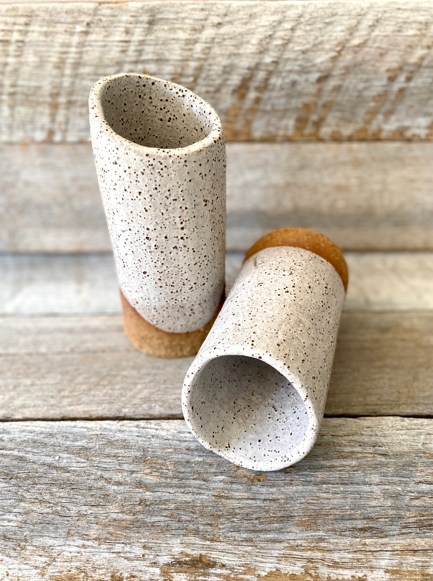 Hand Formed Cylinder Shaped Rustic Vase with uneven edge - White with Speckles 10-44