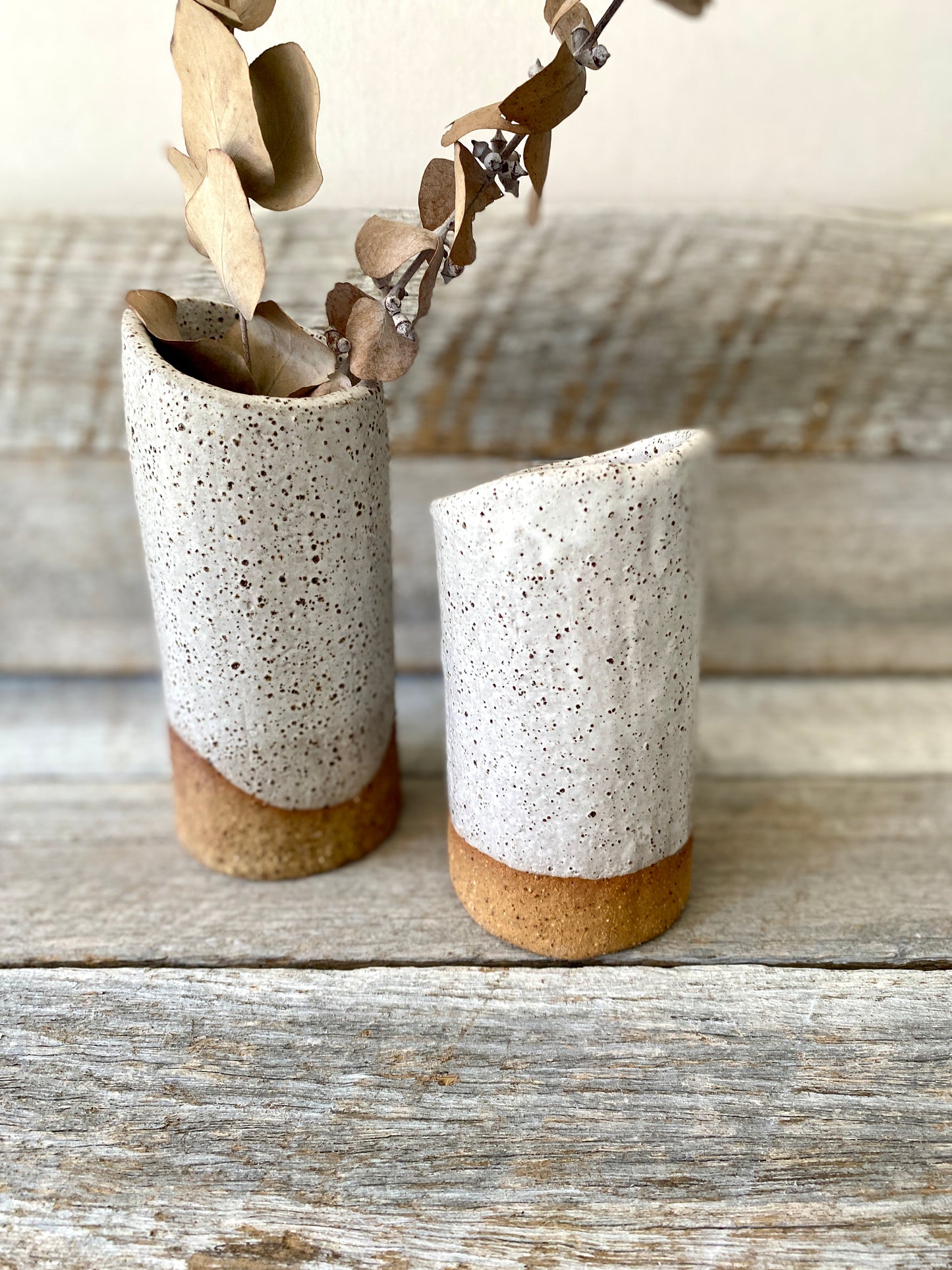 Hand Formed Cylinder Shaped Rustic Vase with uneven edge - White with Speckles 10-44