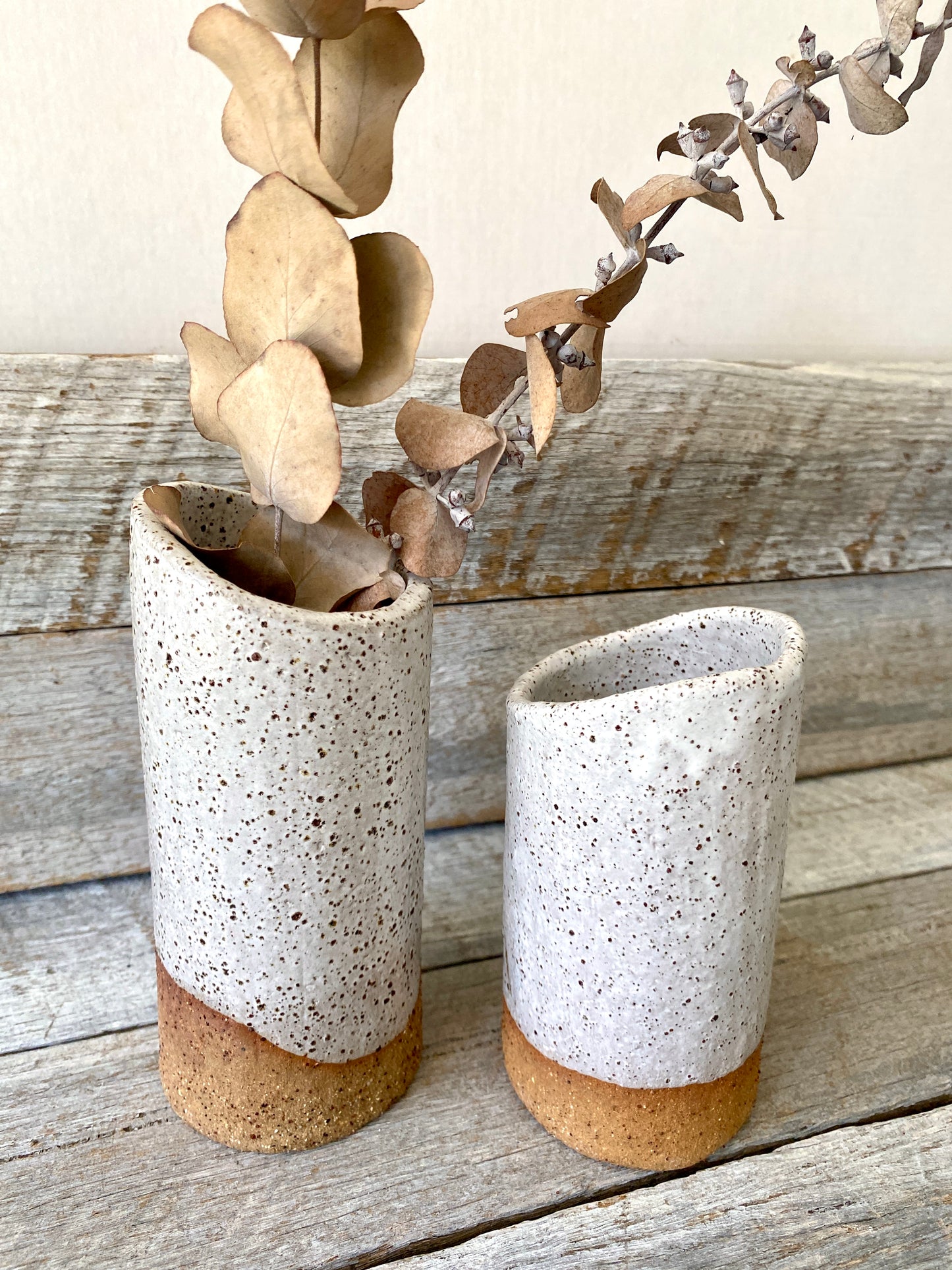 Hand Formed Cylinder Shaped Rustic Vase with uneven edge - White with Speckles 10-44