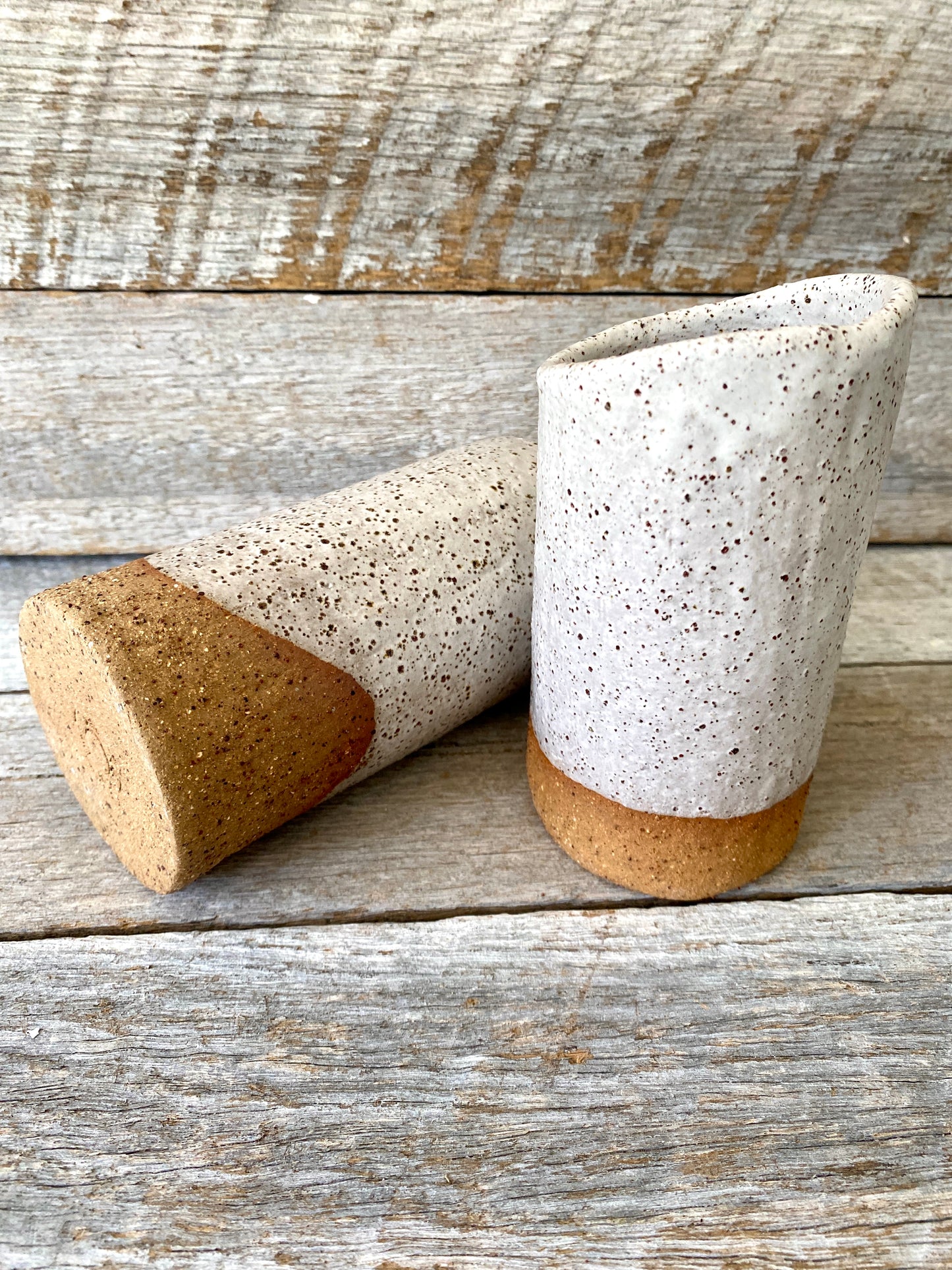 Hand Formed Cylinder Shaped Rustic Vase with uneven edge - White with Speckles 10-44