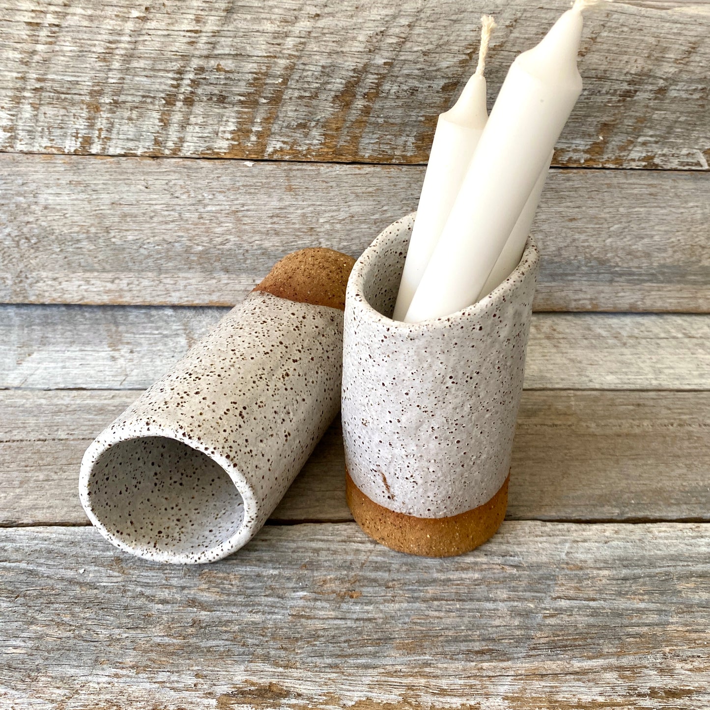 Hand Formed Cylinder Shaped Rustic Vase with uneven edge - White with Speckles 10-44