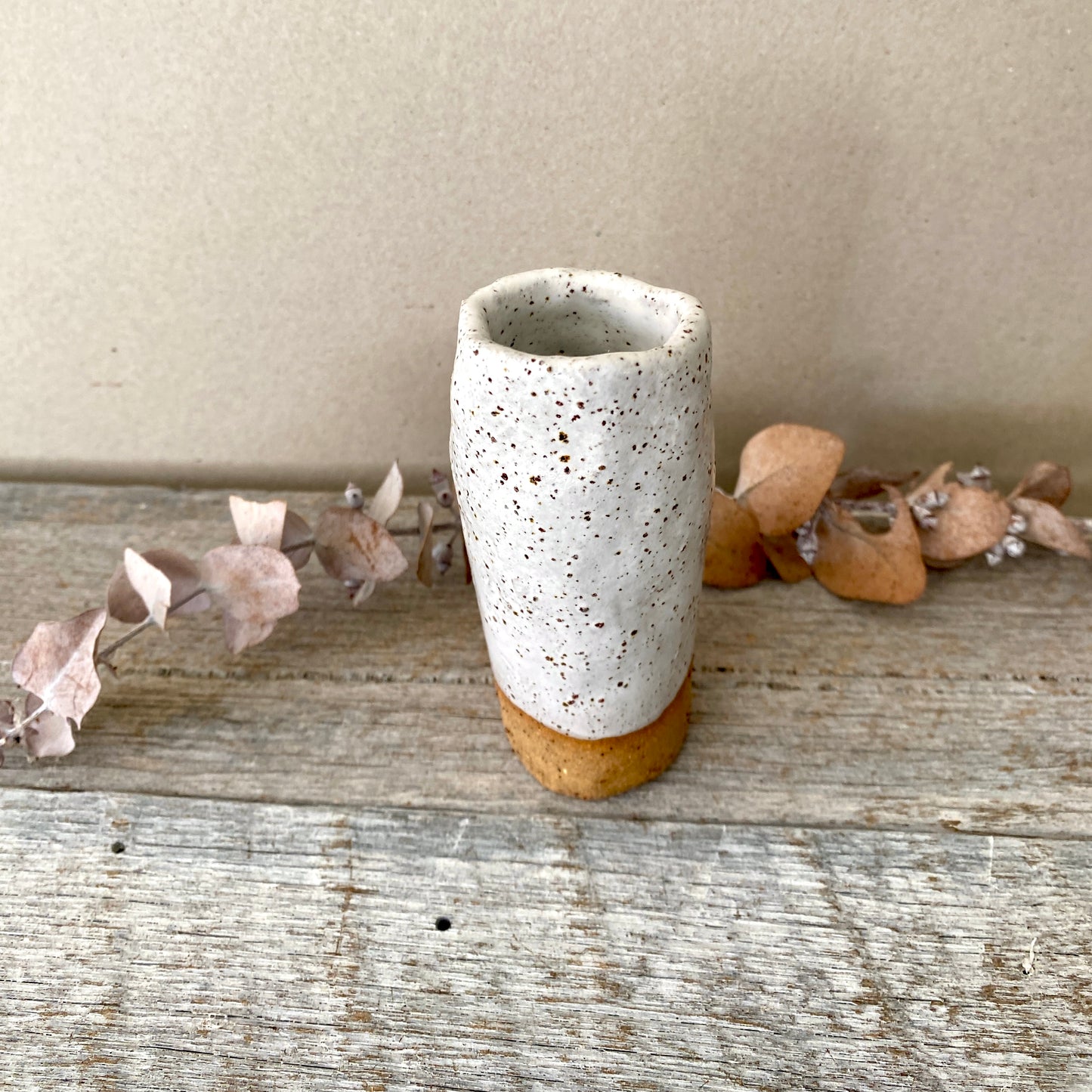 Vase (1-1) - rustic and slender - with uneven edge - White with Speckles