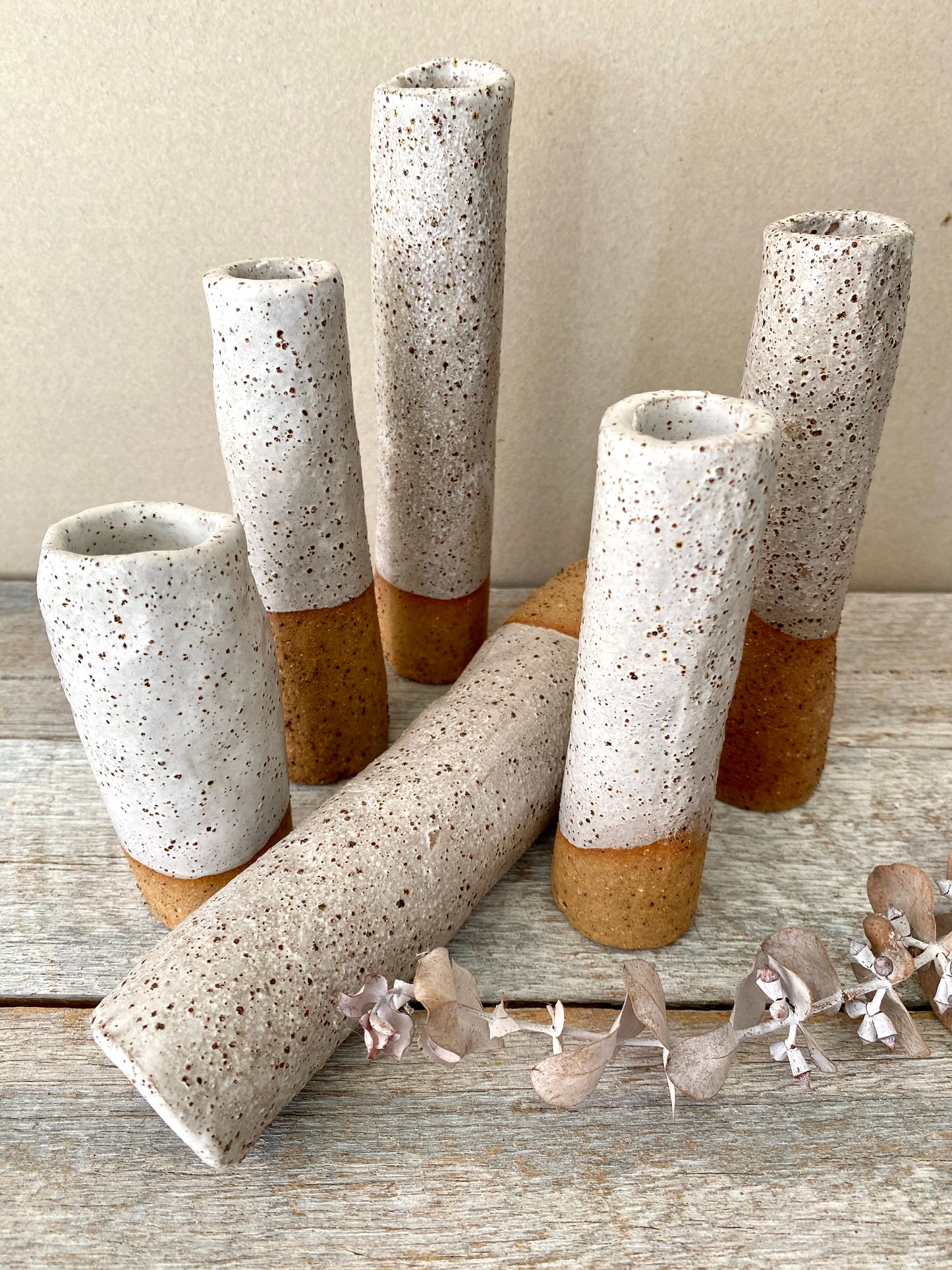 Vase (1-1) - rustic and slender - with uneven edge - White with Speckles