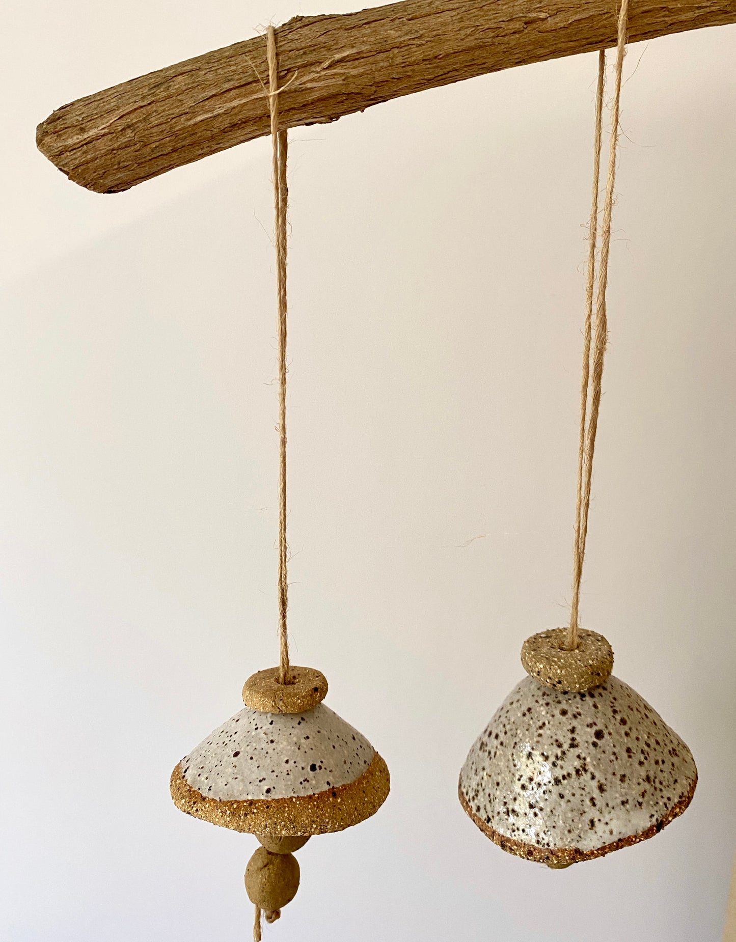 Bells - Set of two - Handmade Rustic White glaze with jute string 27-02