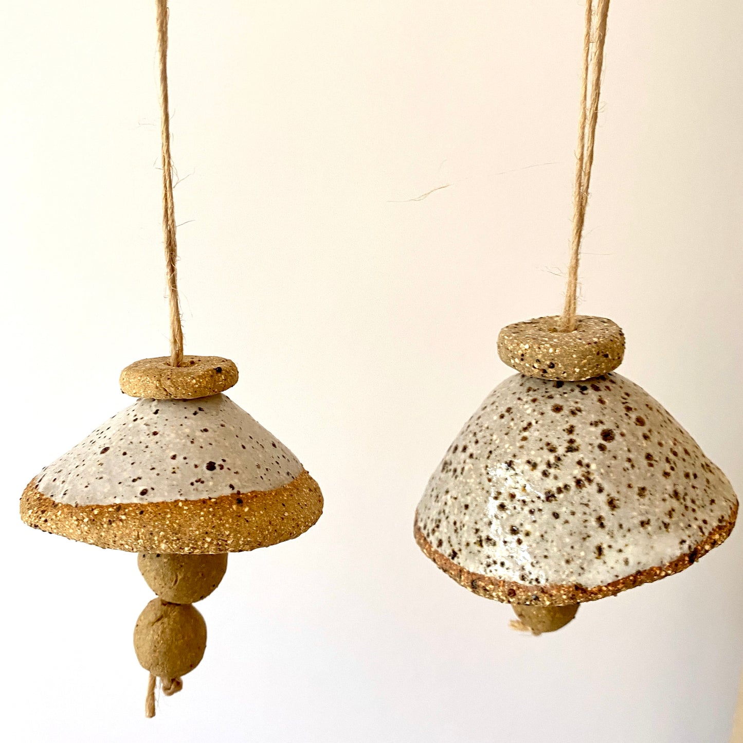 Bells - Set of two - Handmade Rustic White glaze with jute string 27-02