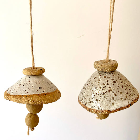 Bells - Set of two - Handmade Rustic White glaze with jute string 27-02