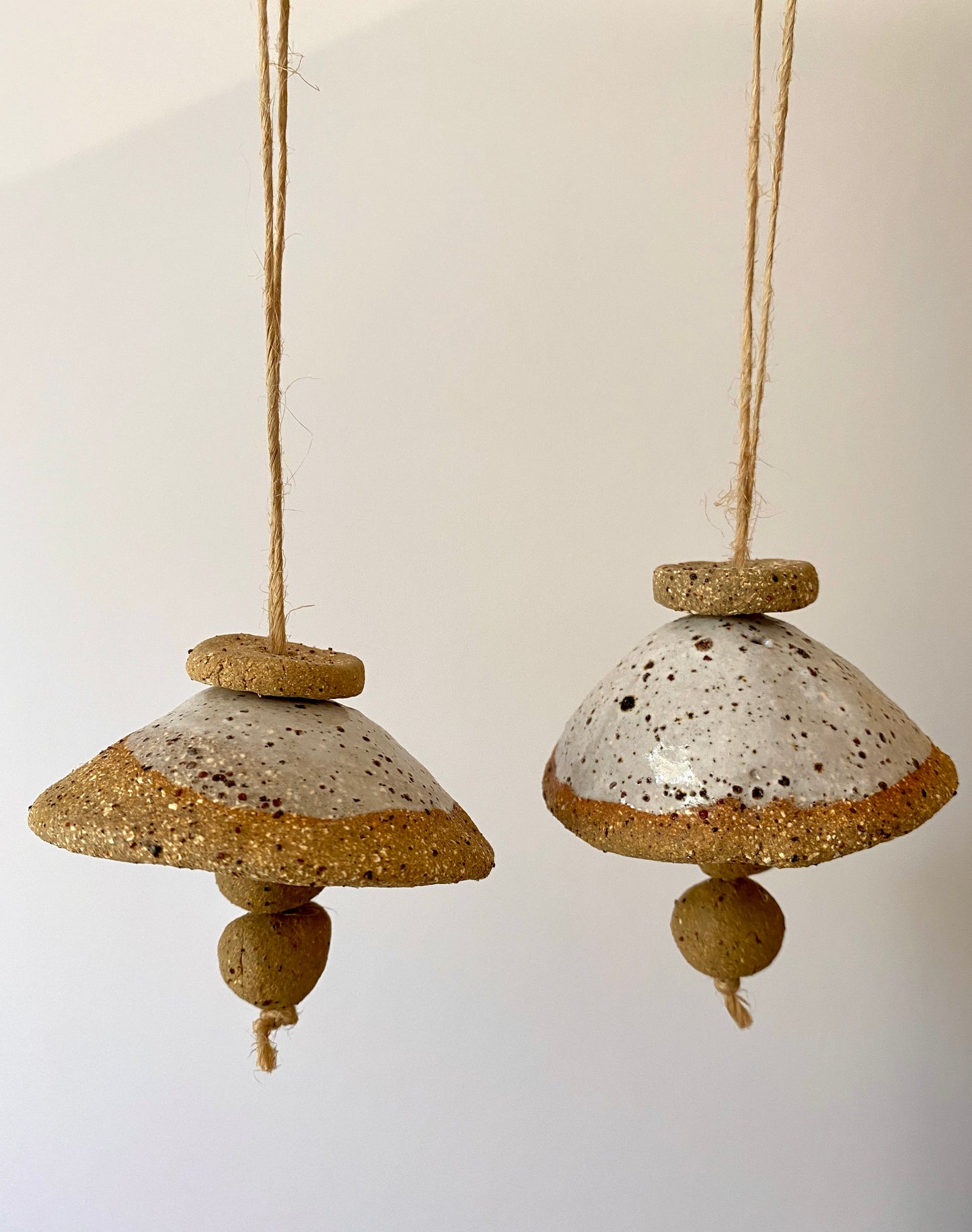 Bells - Set of two - Handmade Rustic White glaze with jute string 27-03