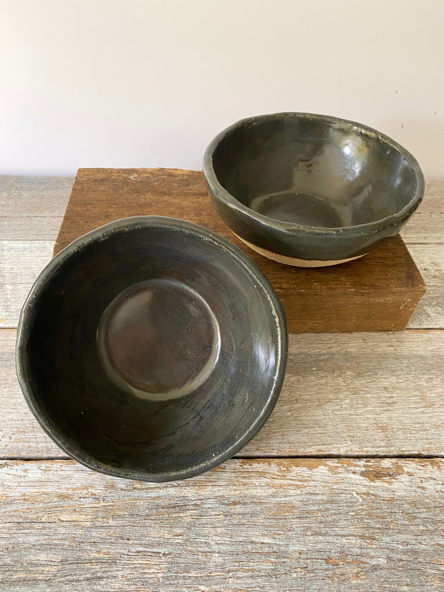 Two handmade breakfast bowls - Black/Blue glaze on soft creamy white clay  (11-050-S) ONLY ONE SET AVAILABLE