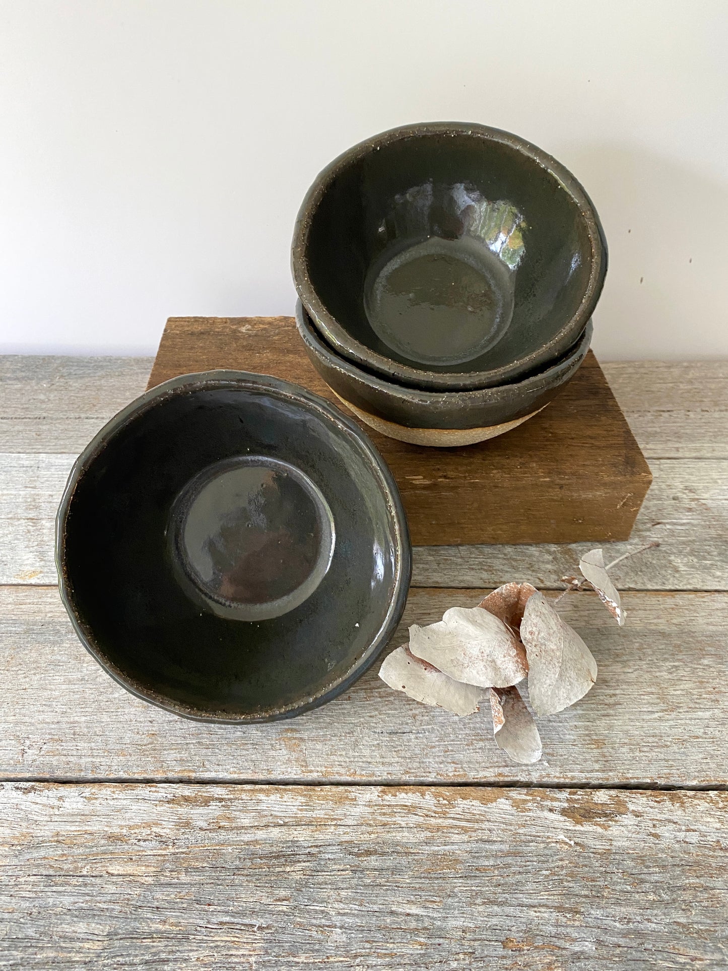 Set of 3 handmade bowls - Shiny Black glaze on soft creamy white clay (11-052-S) ONLY ONE SET AVAILABLE