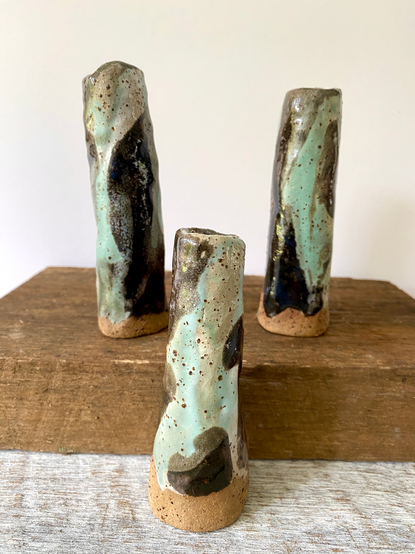 Set of 3 handmade small bud Vases in white, turquoise and black glaze (11-053-S) ONLY ONE SET AVAILABLE