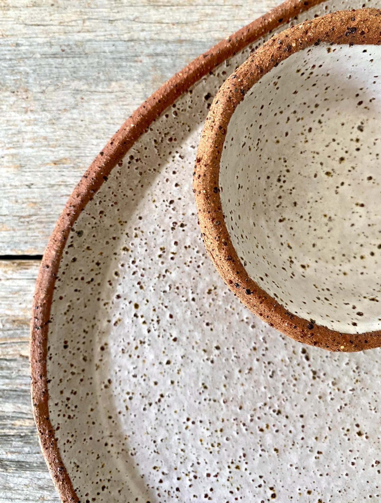 Oval Shaped Serving with 2 dipping bowls - Medium Sized - Handmade & Versatile - Rustic Clay White with speckles 11-07 ONLY ONE SET AVAILABLE