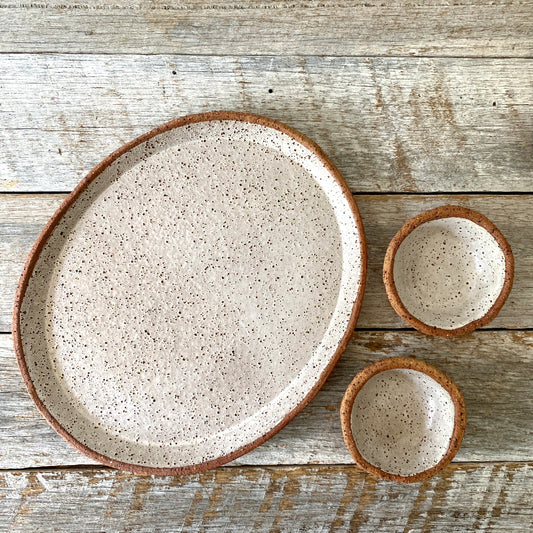 Oval Shaped Serving with 2 dipping bowls - Medium Sized - Handmade & Versatile - Rustic Clay White with speckles 11-07 ONLY ONE SET AVAILABLE