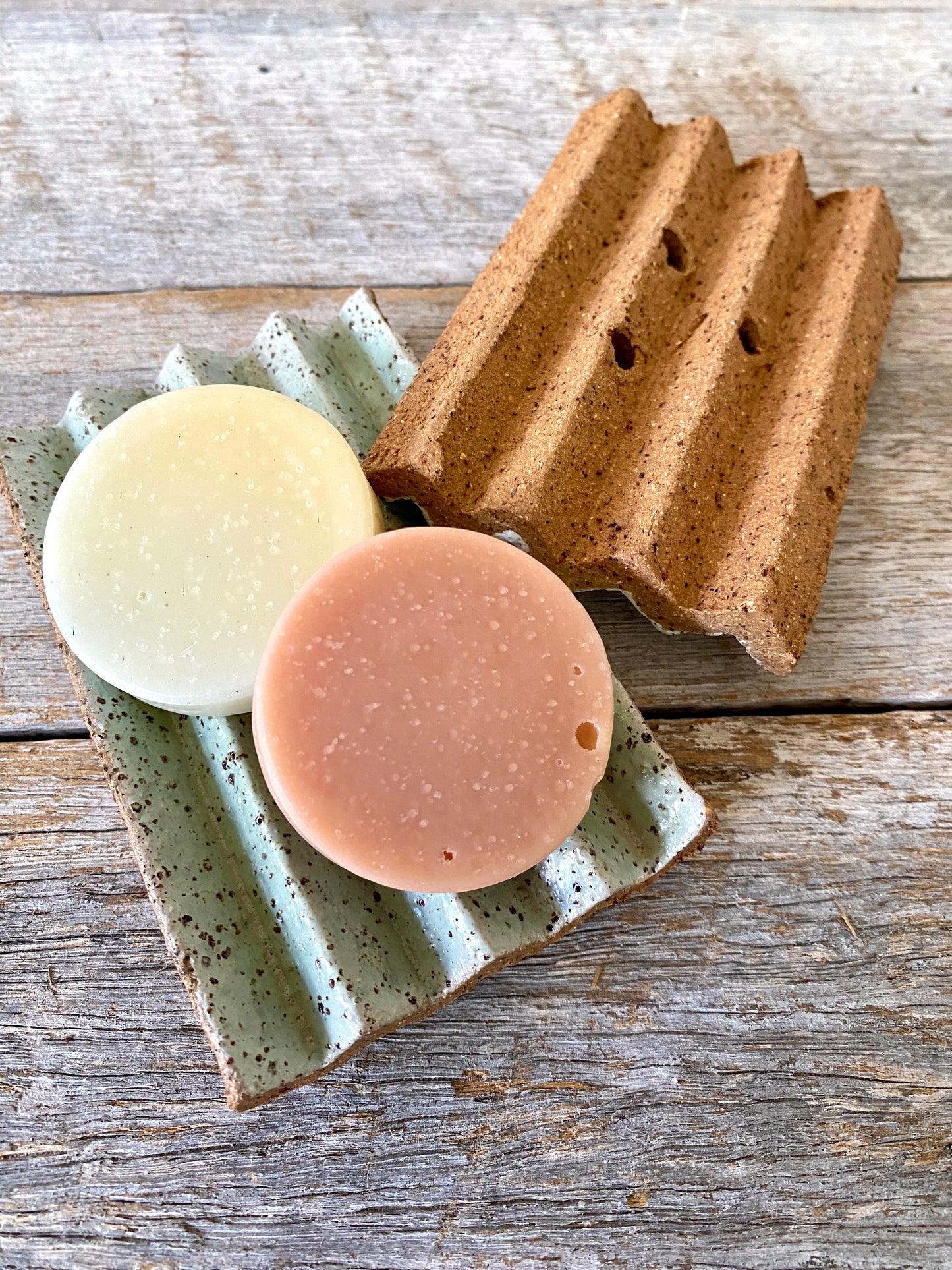 Rustic handmade ceramic soap dish - light green glaze - with 2 handmade soaps