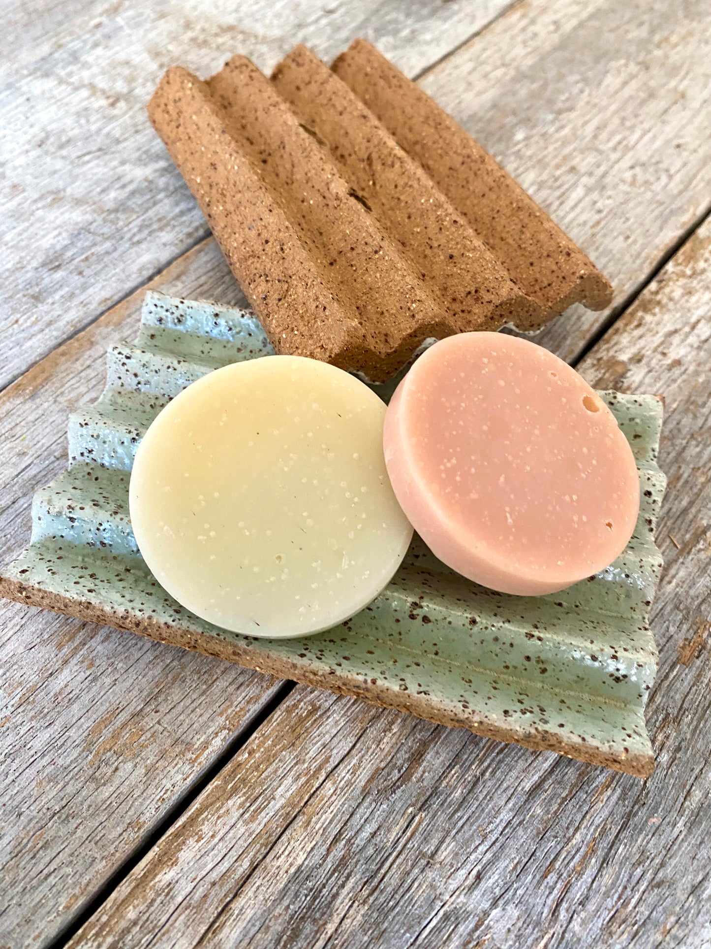 Rustic handmade ceramic soap dish - light green glaze - with 2 handmade soaps