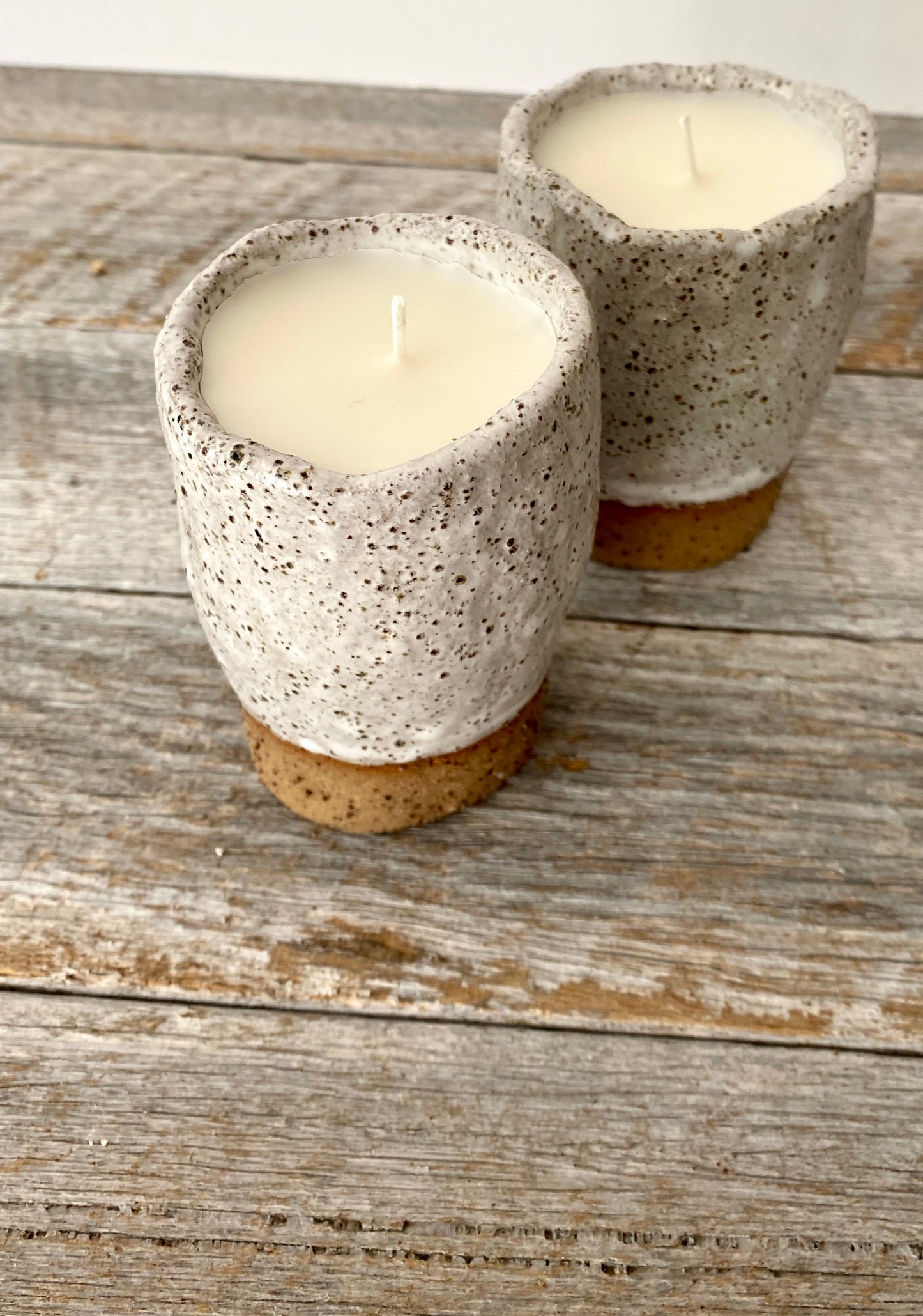 Candle in handmade rustic white glazed vessel -  Hand poured Unscented Soy Wax 13-11