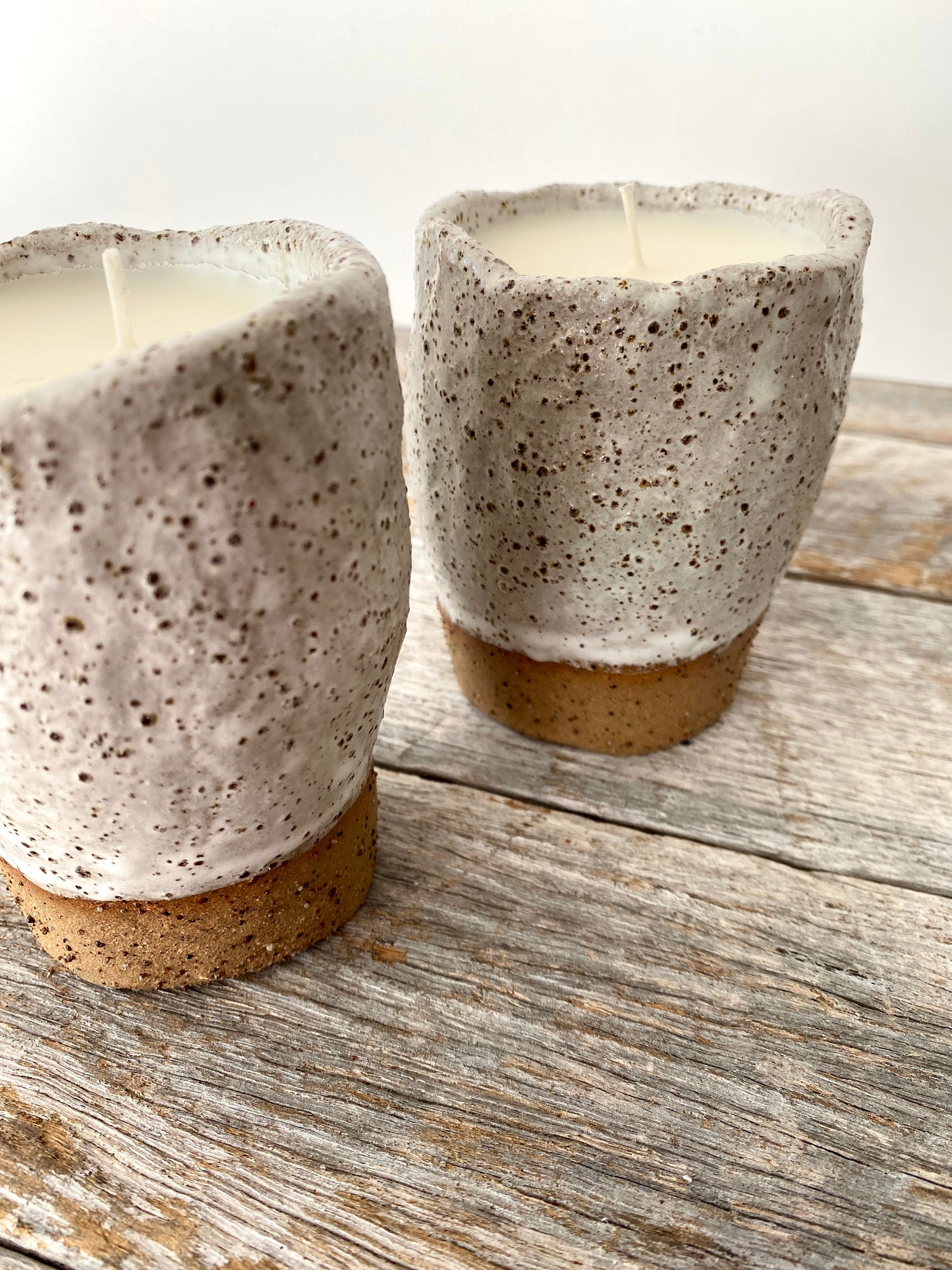 Candle in handmade rustic white glazed vessel -  Hand poured Unscented Soy Wax 13-11