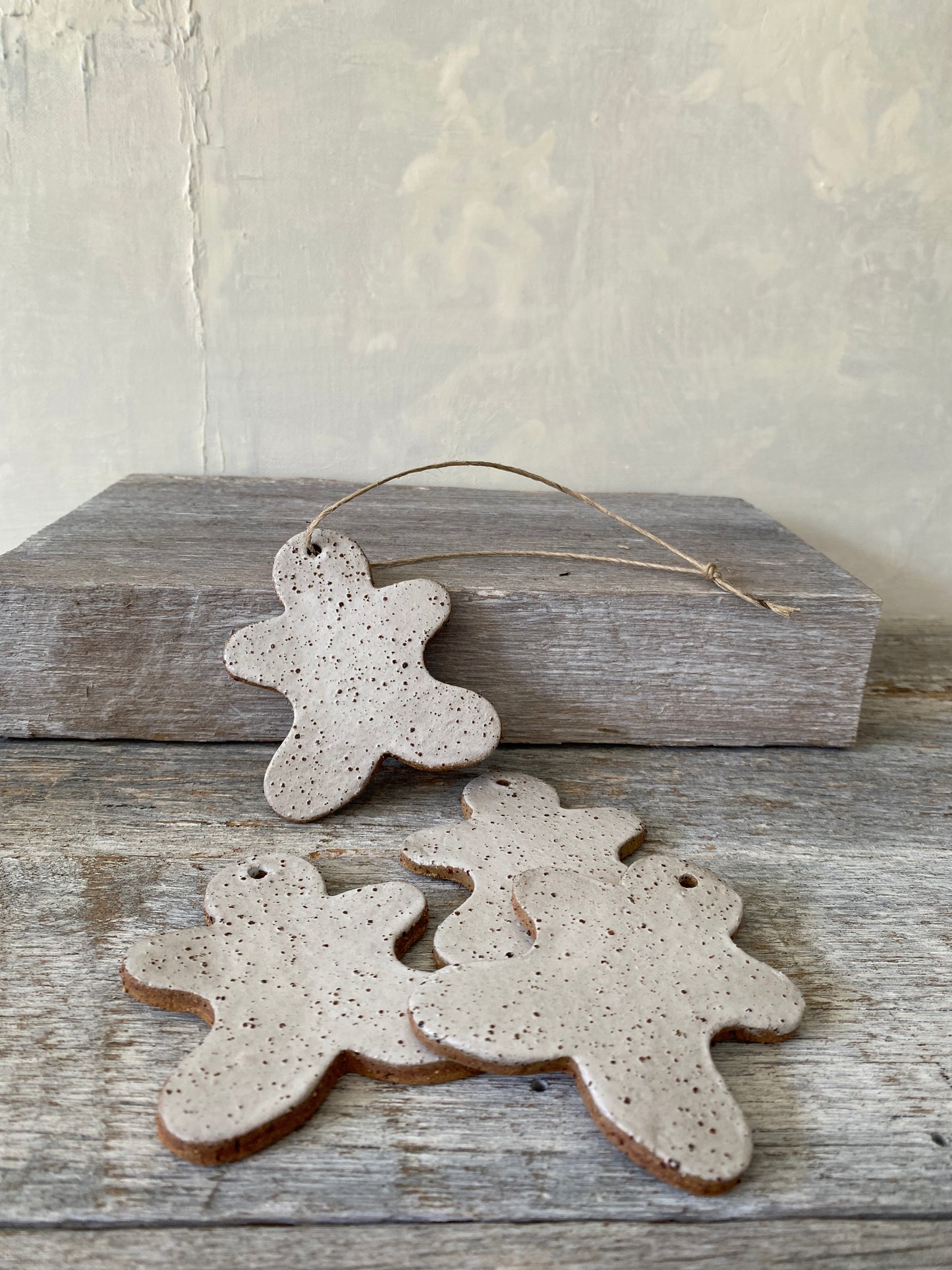 White Glazed Ceramic Ginger Bread Man Ornament – Rustic Finish, Jute Twine 26-29