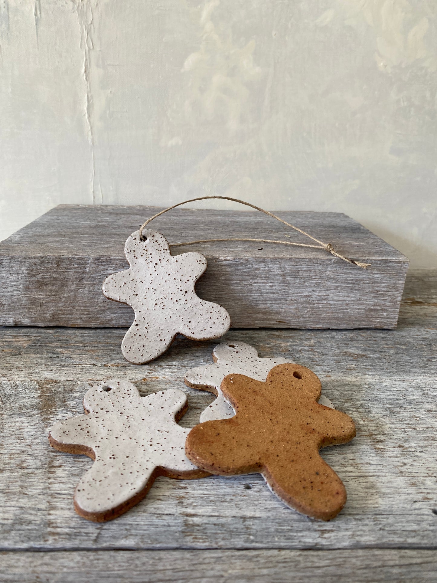 White Glazed Ceramic Ginger Bread Man Ornament – Rustic Finish, Jute Twine 26-29