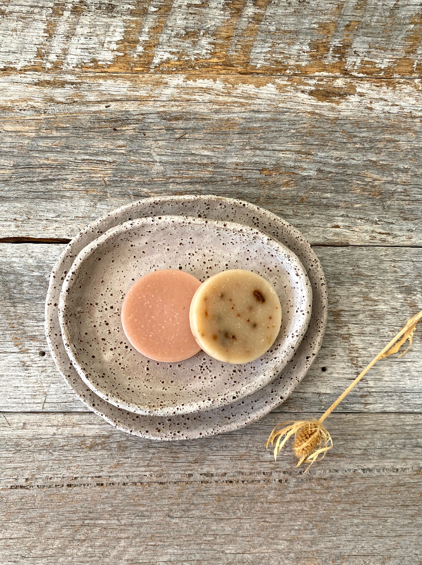 Ceramic soap dish, plate and two handmade soaps 45-22
