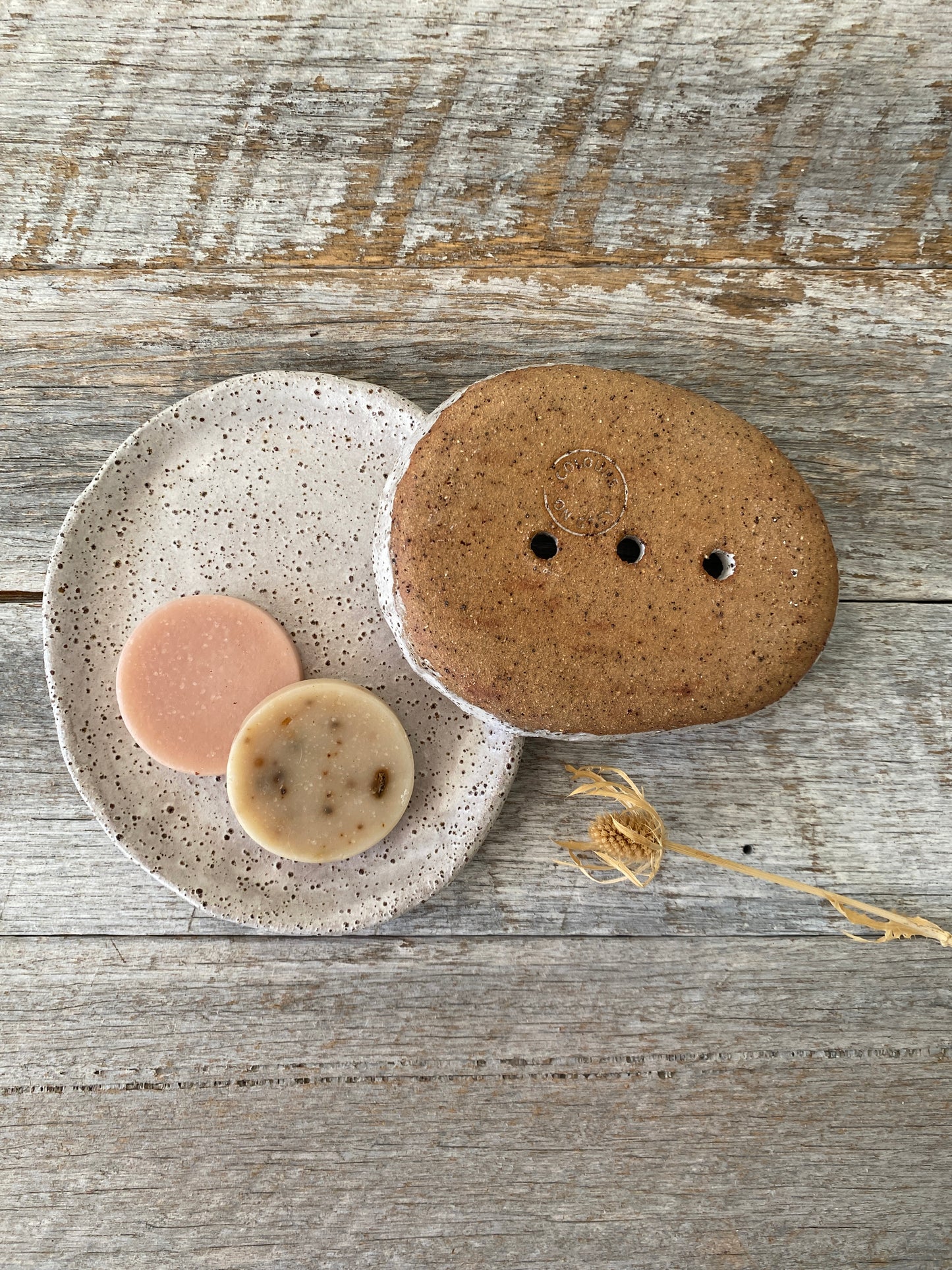 Ceramic soap dish, plate and two handmade soaps 45-22