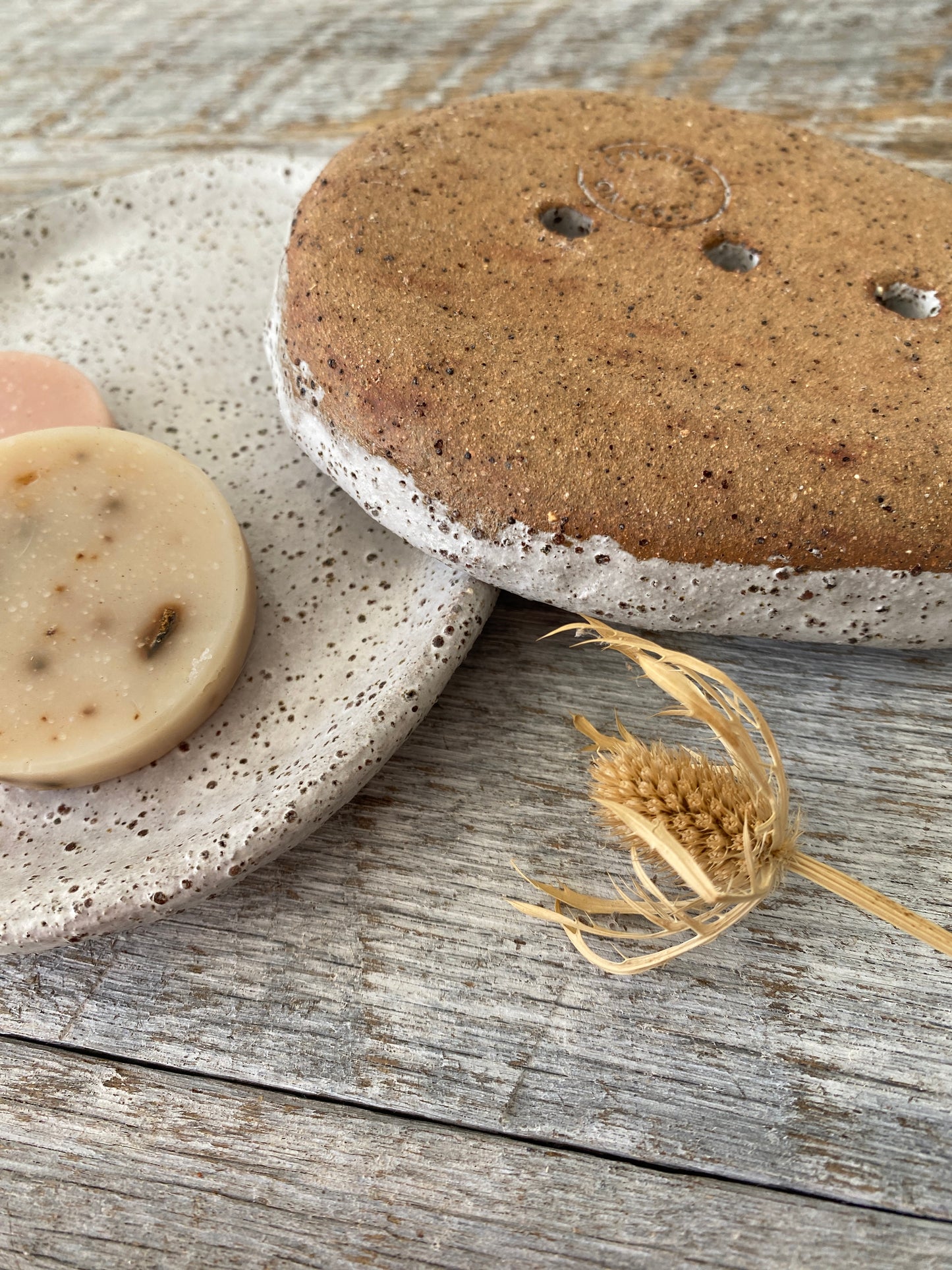 Ceramic soap dish, plate and two handmade soaps 45-22